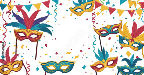 Carnival masks with feathers and confetti for masquerade party invites, festival posters and event art
