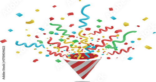 Party popper bursting with colorful confetti and streamers for celebration assets, invitation templates, and ads