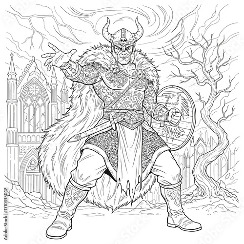 Viking warrior standing with shield in fantasy medieval landscape  