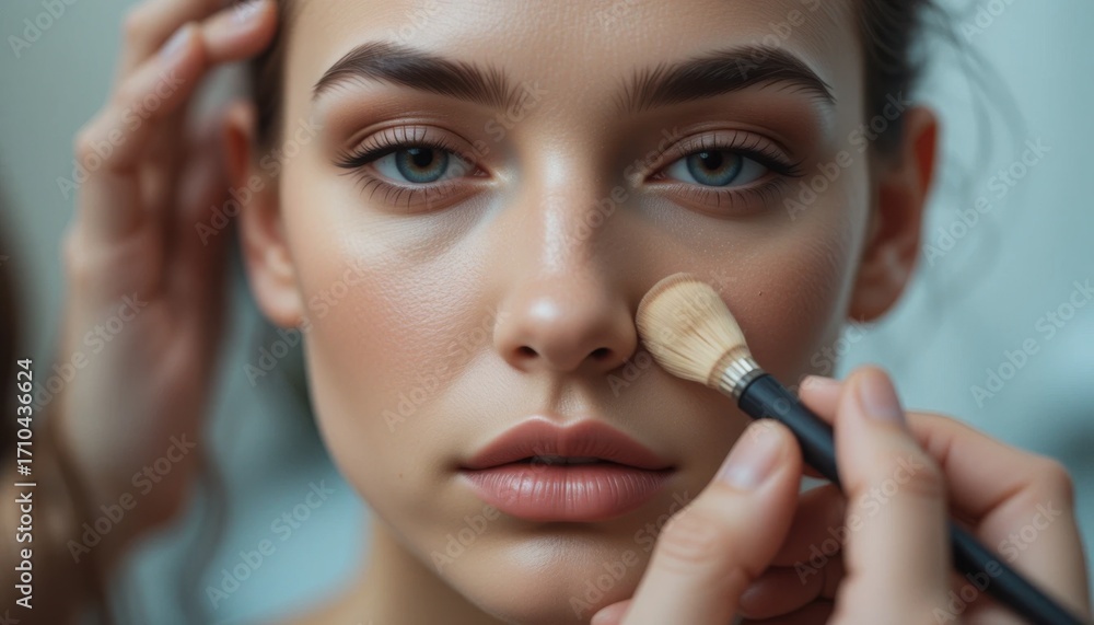 Obraz premium Closeup of a make-up artist applying powder on a woman's face as she applies her own mascara