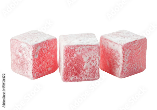 Three vibrant pink Turkish delight cubes, dusted with powdered sugar, are presented against a striking black background.