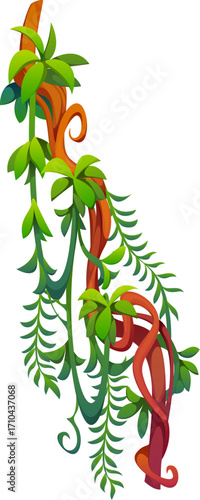 Liana vine vertical branch of tropical jungle rain forest with green leaves, vector plant. Rainforest liana vine with monstera leaf or fern tendrils and creeping ivy sprouts for cartoon Amazon forest