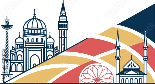Stunning skyline featuring iconic global mosques and cultural landmarks for travel and design concepts