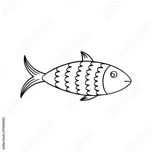 Isolated line hand drawn Fish. Vector doodle illustration. Food, sea, ocean, fisherman, catch