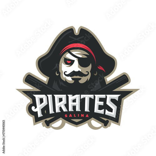 Pirate logo with a menacing character and crossed pistols