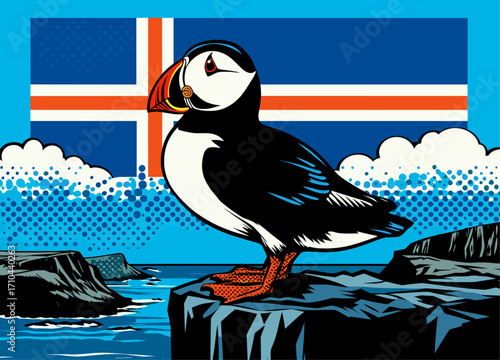 Puffin on rocky cliff in pop art style, Icelandic flag colors