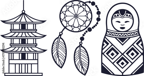 Explore diverse cultures with a Japanese pagoda, dreamcatcher, and Russian nesting doll