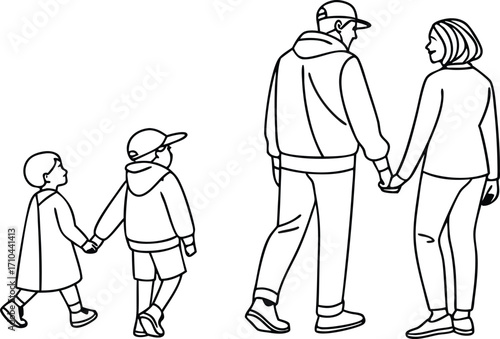 Loving family strolls hand-in-hand, creating cherished memories together in simple line art style.
