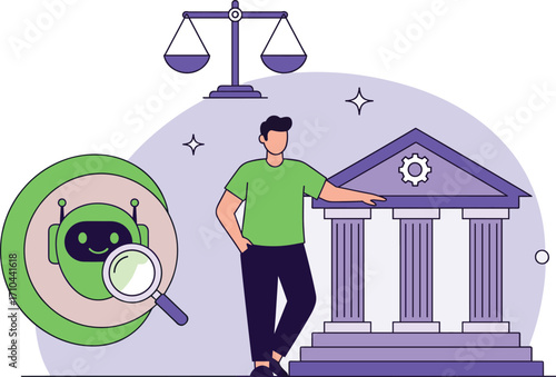 Artificial intelligence in law and government, legal technology and justice system vector illustration