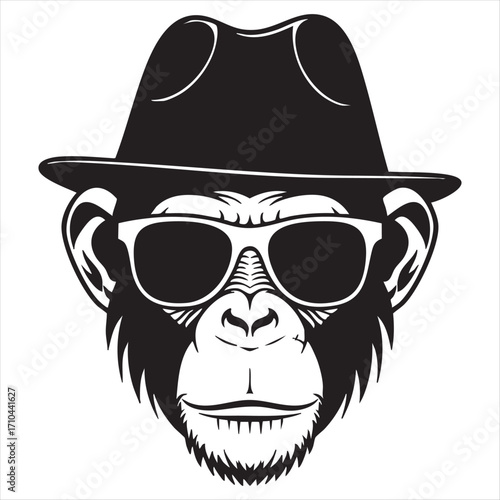 Stylish monkey head wearing sunglasses and fedora hat black and white graphic