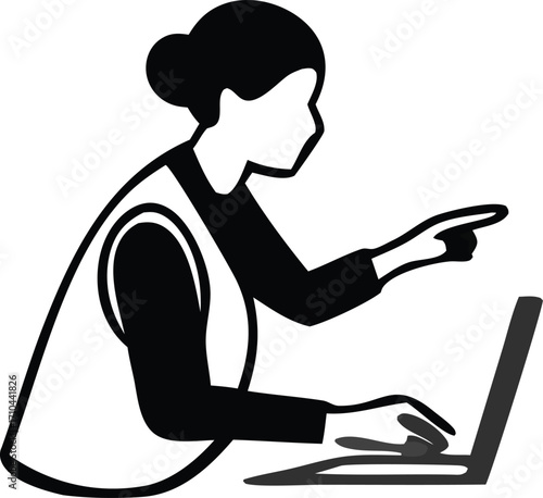 Confident woman points at laptop screen, working diligently on project in modern office setting.