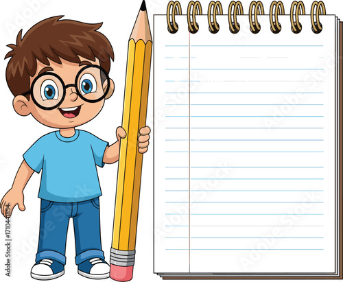Cartoon boy with glasses, holding pencil, smiling student, school notebook, education concept, homework, learning, writing, cute character, illustration