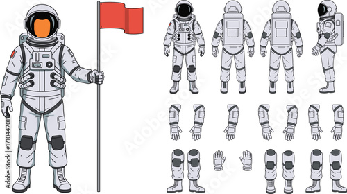 Astronaut character creator, space suit explorer with flag poses and parts, cosmic mission set, vector illustration