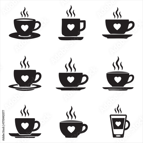 Collection of nine steaming coffee cups with heart designs for cozy moments