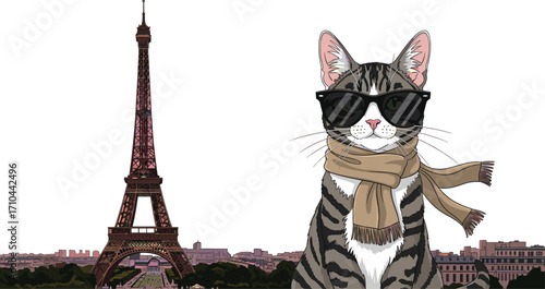 Chic fashionable cat in sunglasses and scarf with Eiffel Tower Paris background, stylish French cityscape illustration, whimsical Parisian travel art