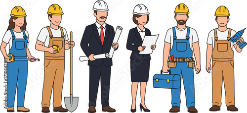 Construction workers and architects, builder team with tools and blueprints, engineering professionals, vector illustration