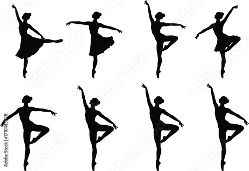 PrintBallerina silhouette collection, elegant dance poses, classical ballet art, graceful dancer movements, performance illustration, artistic figure, stage performance, vector design, black