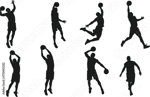 PrintBasketball player silhouette in various action poses, dunking, shooting, dribbling, sports vector illustration, athletic man playing basketball, game motion