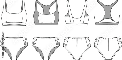 Sports Bra and Briefs CAD, Flat Fashion Sketch, Activewear Technical Drawing, Vector Illustration, Women’s Fitness Outfit Apparel Design