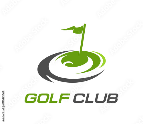 Golf club icon of flag on tee hole or ball for golfer tournament and sport game, vector emblem. Golf club icon for tournament competition or golfer players team league badge with flag at tee hole