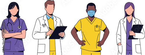 Doctors and nurses in medical uniforms with stethoscopes and clipboards, healthcare staff vector illustration