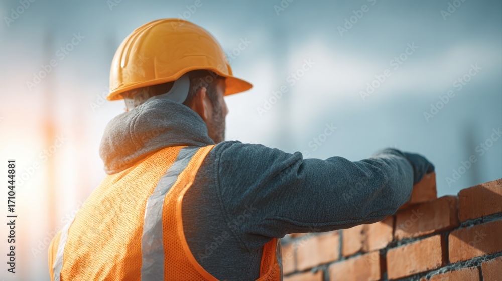 Fototapeta premium Construction worker laying brick at building site urban environment action shot perspective focused on labor