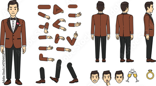 Groom character creator, wedding man poses with arms legs and expressions, marriage animation kit, vector illustration
