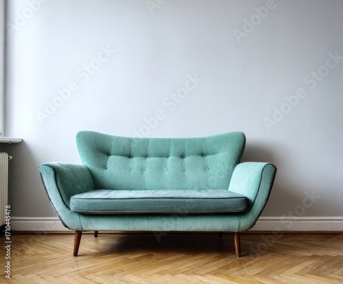 A mid-century modern teal sofa sits in a light-filled room with pale walls and hardwood floors.
