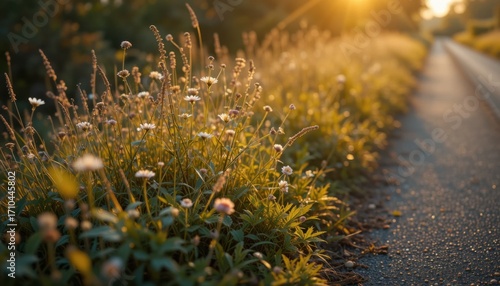 Golden hour light illuminates a patch of common weeds and wildflowers on the side of a country lane. The scene feels magical and precious, transforming the simple flora into something truly extraordin