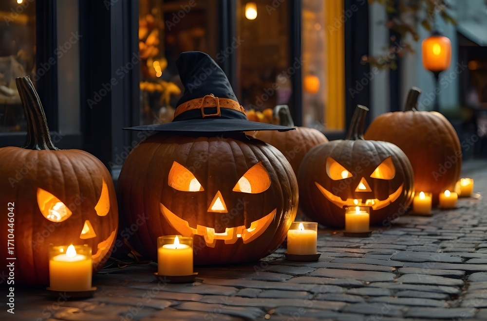 Obraz premium Cozy Halloween Market Street with Hand-Carved Pumpkin, Golden Hour Lighting, Family-Friendly Costumes, Atmospheric Fog – Editorial Stock Photo