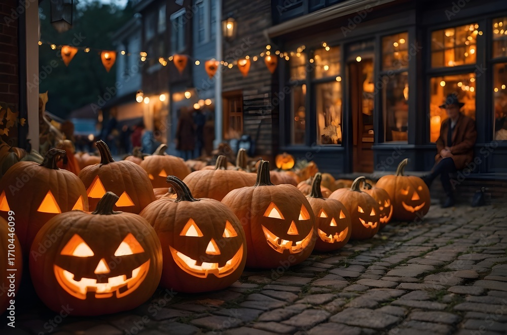 Fototapeta premium Cozy Halloween Market Street with Hand-Carved Pumpkin, Golden Hour Lighting, Family-Friendly Costumes, Atmospheric Fog – Editorial Stock Photo