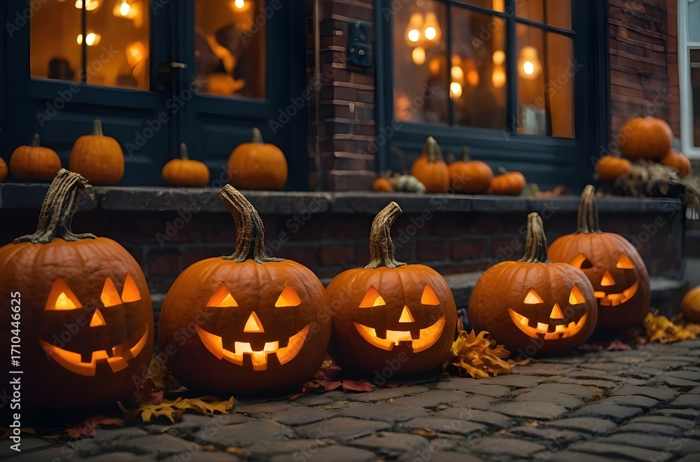 Fototapeta premium Cozy Halloween Market Street with Hand-Carved Pumpkin, Golden Hour Lighting, Family-Friendly Costumes, Atmospheric Fog – Editorial Stock Photo