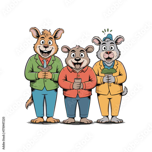 Cartoon animals standing together anthropomorphic characters in colorful clothes happy and cheerful