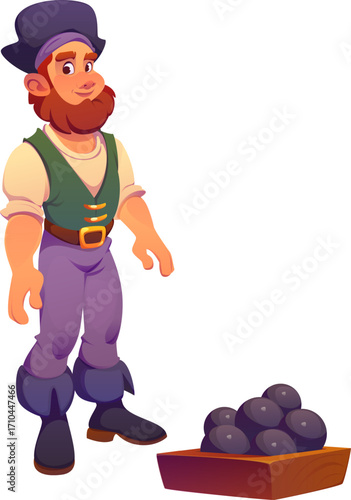 Pirate ship crew character, cartoon cheerful corsair with a beard and confident stance, standing beside a crate of black cannonballs. Sailor dressed in classic attire with boots, belt, and tricorn hat