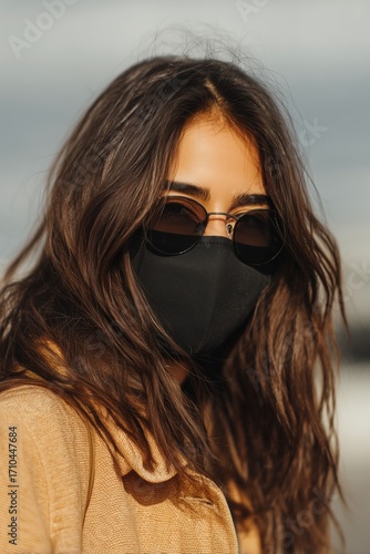 Wallpaper Mural A woman with long, wavy hair wearing a black mask mockup and sunglasses, outdoors with a cloudy background Torontodigital.ca
