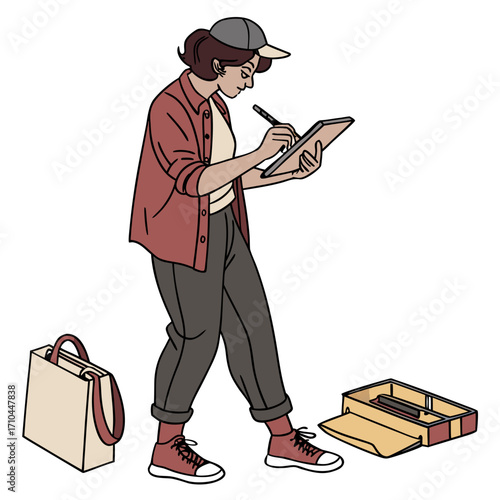 A woman with a cap is writing on a clipboard while standing next to a tote bag and a pencil case, looking down