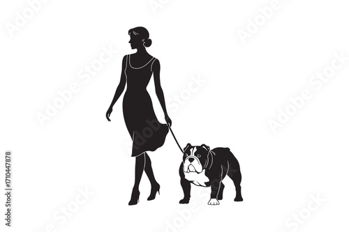 Elegant silhouette of a woman walking a bulldog on a leash