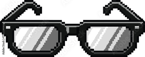 Pixel art retro black sunglasses with reflection, 8-bit style vector illustration