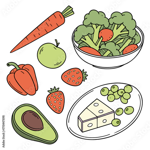A colorful selection of nutritious food, including fruits, vegetables, cheese, and avocado, ideal for a healthy lifestyle