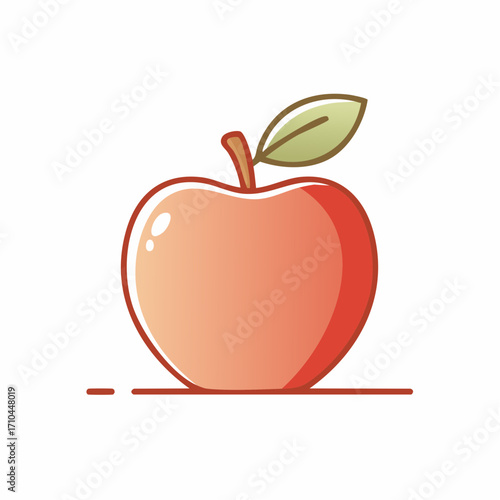 A ripe, red apple with a single green leaf and stem, rendered in a minimalist, clean line art style with subtle shading and highlights on a white background