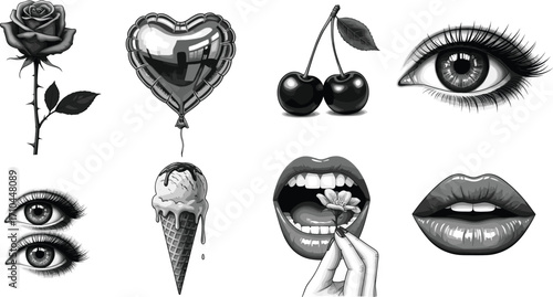 Pop art icons set with rose, cherries, lips, eyes and ice cream, vector illustration