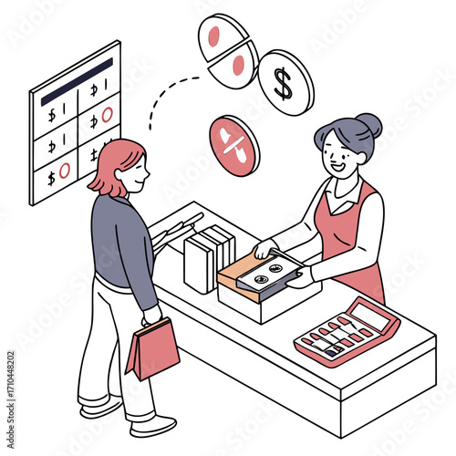 A customer is buying a product at the counter, with coins floating above the counter, the cashier is handing over the product to the customer