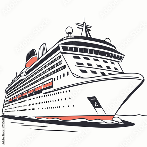 Illustration of a large cruise ship, with red accents, showcasing its size and luxury for travel and vacation themes in a simple design