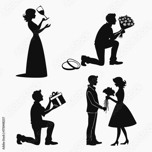 Romantic silhouettes of couples celebrating love and marriage proposals with flowers gifts and rings
