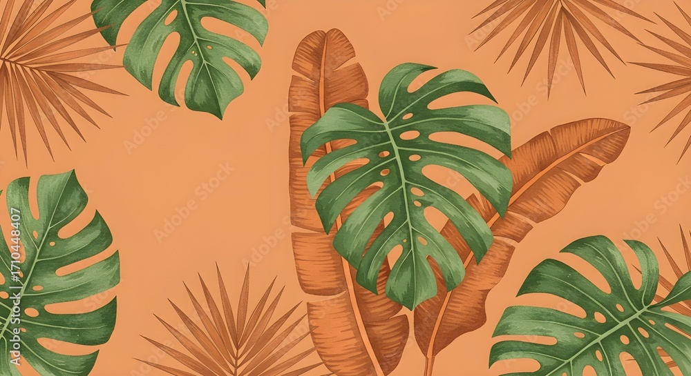 Naklejka premium Tropical Leaf Design Orange Backdrop with Palm and Monstera Foliage