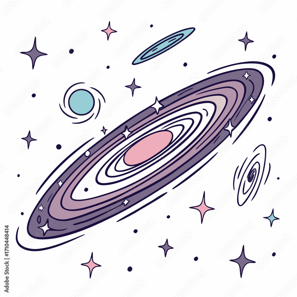 Fototapeta premium A whimsical galaxy illustration, showcasing swirling cosmic dust, twinkling stars, and distant planets in a dreamy, colorful celestial dance