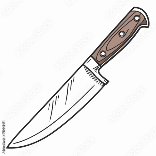 A hand drawn illustration of a chef s knife with a wooden handle isolated on a white background showcasing its sharp blade and ergonomic grip