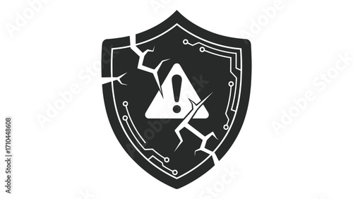 Cracked shield with exclamation mark, security breach alert isolated on white background
