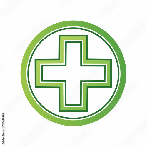 Green medical cross icon inside a circle, a universal symbol for pharmacy, health, first aid, and hospital services, isolated on a white background