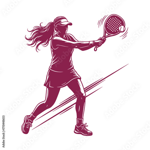 Illustration of a female padel athlete in action swing pose, symbolizing energy, focus, and sport passion.